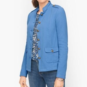 Talbots Knit Band Military Style Crested Button Jacket sz 14P Cornflower Blue